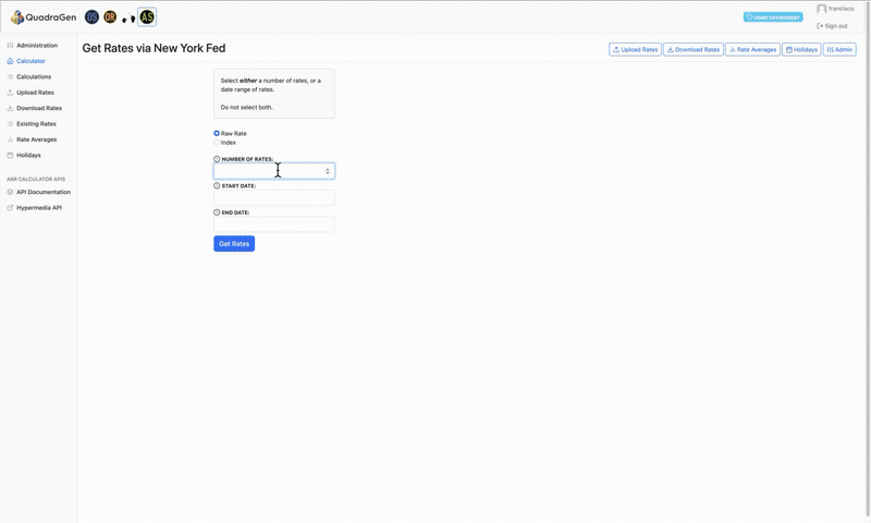 ARR Studio calculator interface showing direct New York Fed rate retrieval, with navigation for calculations, rate uploads, downloads, existing rates, rate averages, holidays, and built-in API documentation.